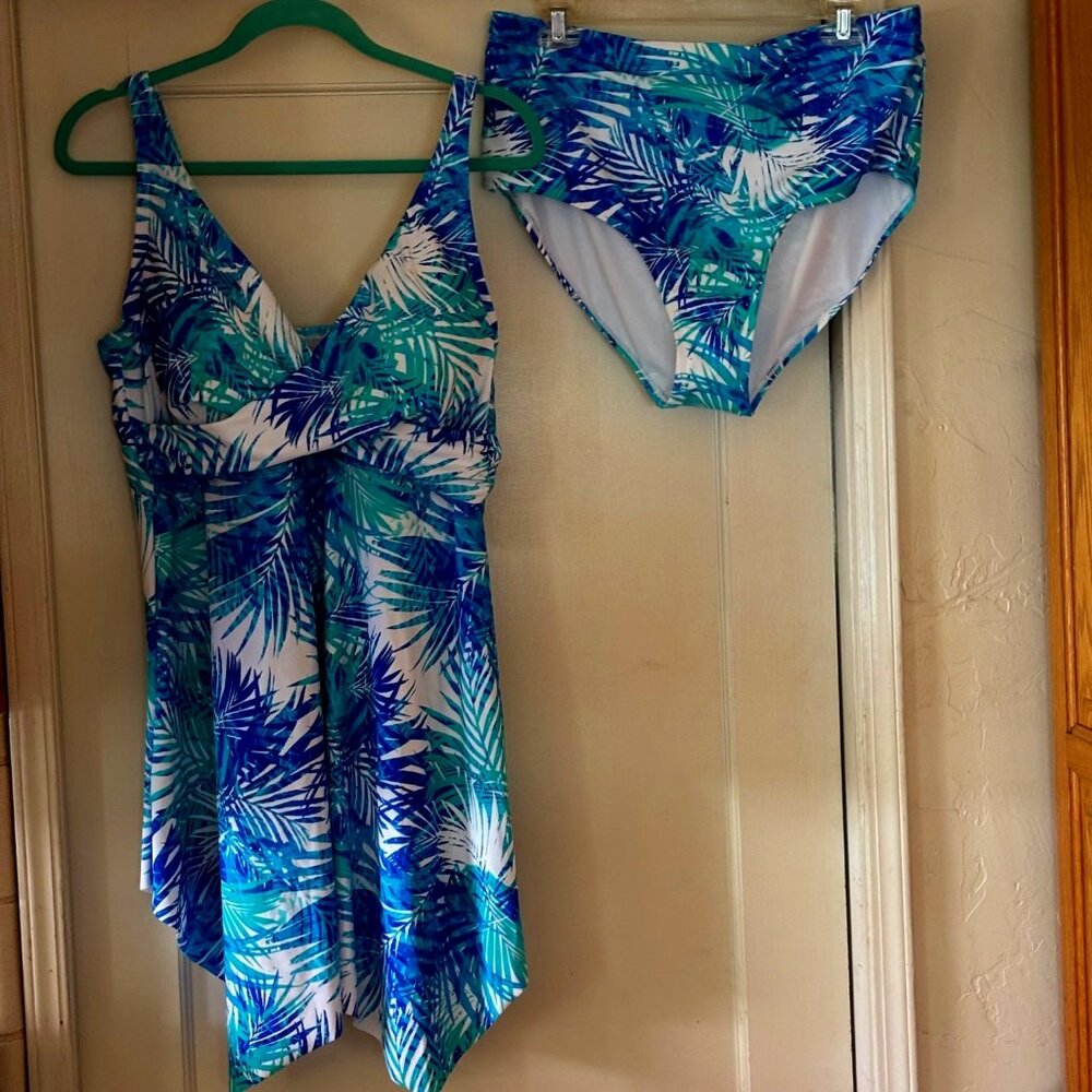 Swimsuits for all Two Piece Tankini Tropical Ferns Blue/Turquoise Size 20 NWT